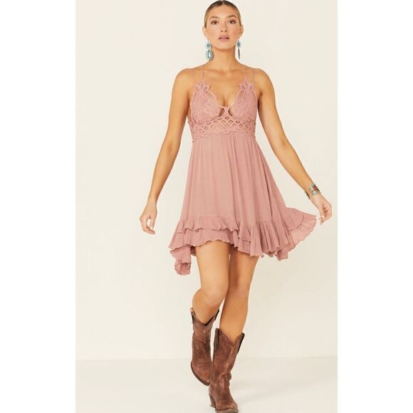 Free People Women's Adella Slip Mini Laced Ruffled Rose Dress Size XS NWT - Picture 1 of 4